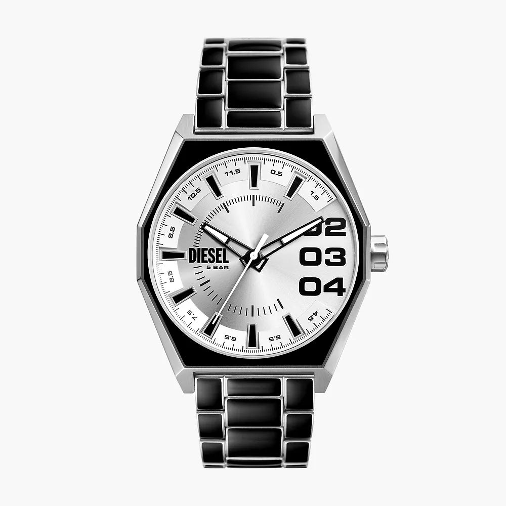 Reloj Diesel Scraper para hombre con correa de cuarzo de 43 mm, color negro y plateado