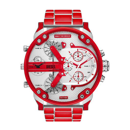 Reloj de pulsera de cuarzo Diesel Mega Mr. Daddy 2.0 para hombre de 57 mm, color rojo y plateado