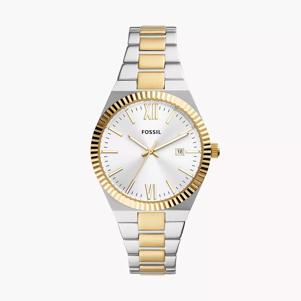 Reloj Fossil Scarlette para mujer, de 38 mm, con pulsera de dos tonos y fecha y tres manecillas, esfera plateada