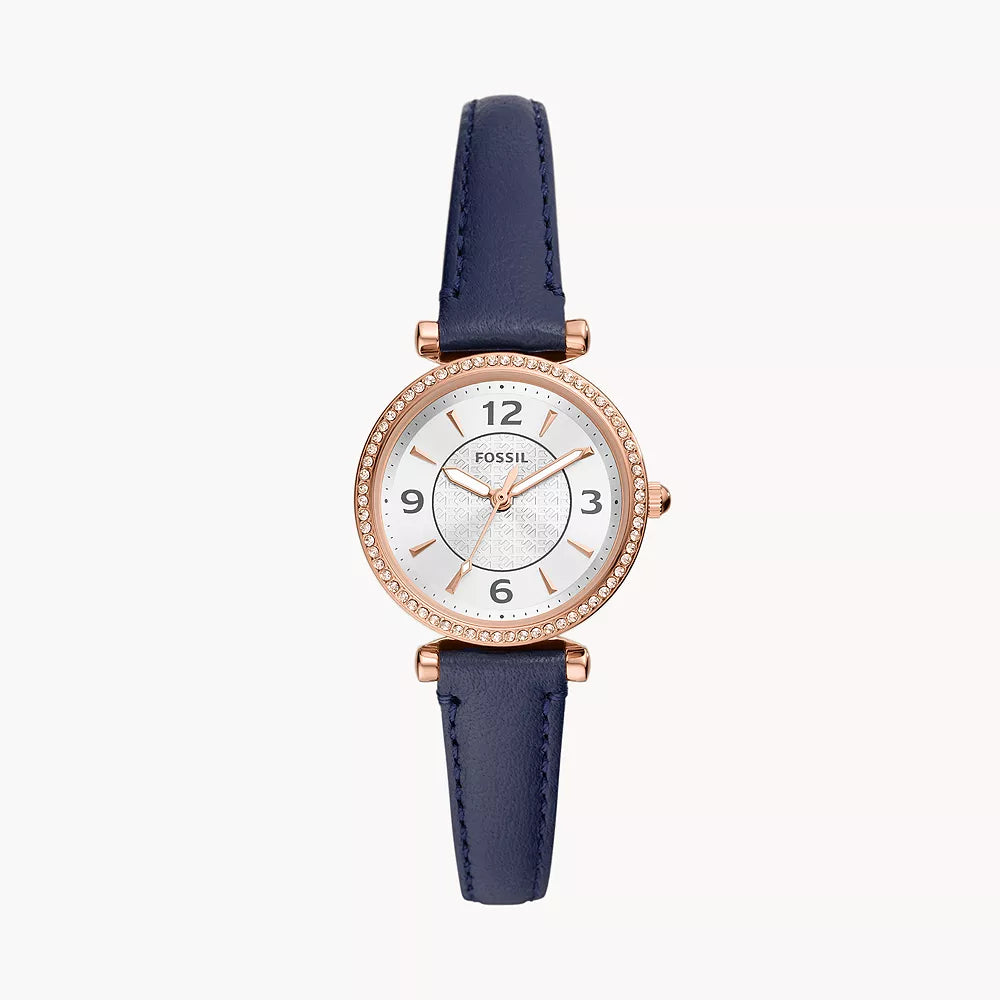 Reloj Fossil Carlie para mujer, correa azul marino, 28 mm, tres manecillas, esfera plateada