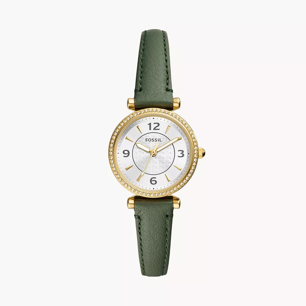 Reloj Fossil Carlie para mujer, correa verde de 28 mm y tres manecillas, esfera plateada