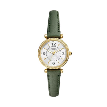 Reloj Fossil Carlie para mujer, correa verde de 28 mm y tres manecillas, esfera plateada