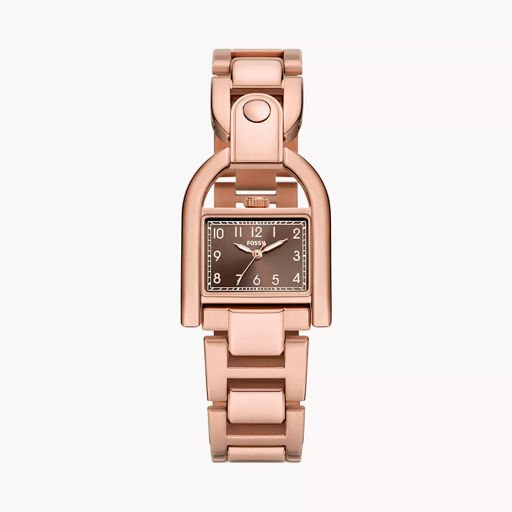 Reloj Fossil Harwell para mujer con pulsera de oro rosa de 28 mm y tres manecillas, esfera marrón