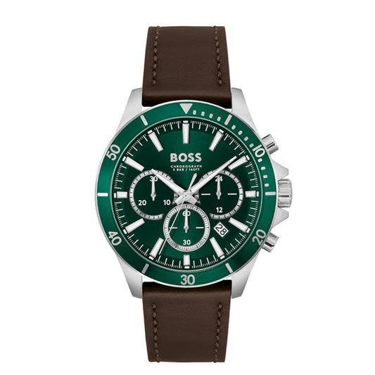 Boss Troper Men's 45mm Chronograph Brown Leather Strap Watch - Green Dial