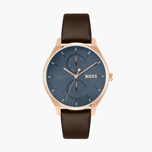 Boss Tyler Men's 43mm Analog Brown Calf Leather Strap Watch - Blue Dial