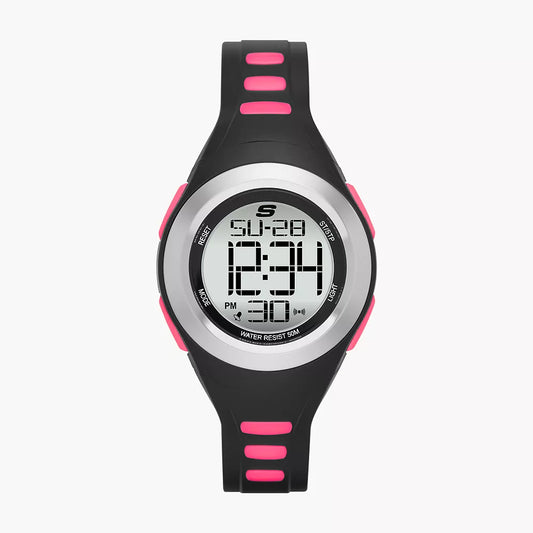 Reloj digital Skechers Tennyson para mujer, correa negra y rosa, 33 mm, esfera plateada