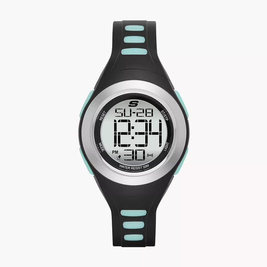 Reloj digital Skechers Tennyson para mujer, correa negra/menta, 33 mm, esfera plateada