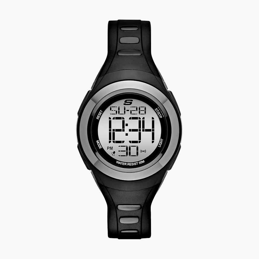 Reloj digital Skechers Tennyson para mujer, correa negra y gris, 33 mm, esfera plateada