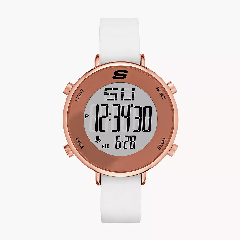 Reloj digital Skechers Magnolia para mujer, correa blanca, 40 mm, esfera en oro rosa