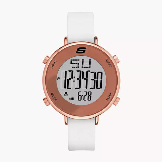 Reloj digital Skechers Magnolia para mujer, correa blanca, 40 mm, esfera en oro rosa