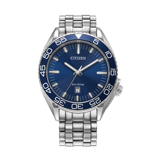 Reloj Citizen Carson Eco-Drive Ring de acero inoxidable con esfera azul y correa de piel de becerro de 42 mm para hombre