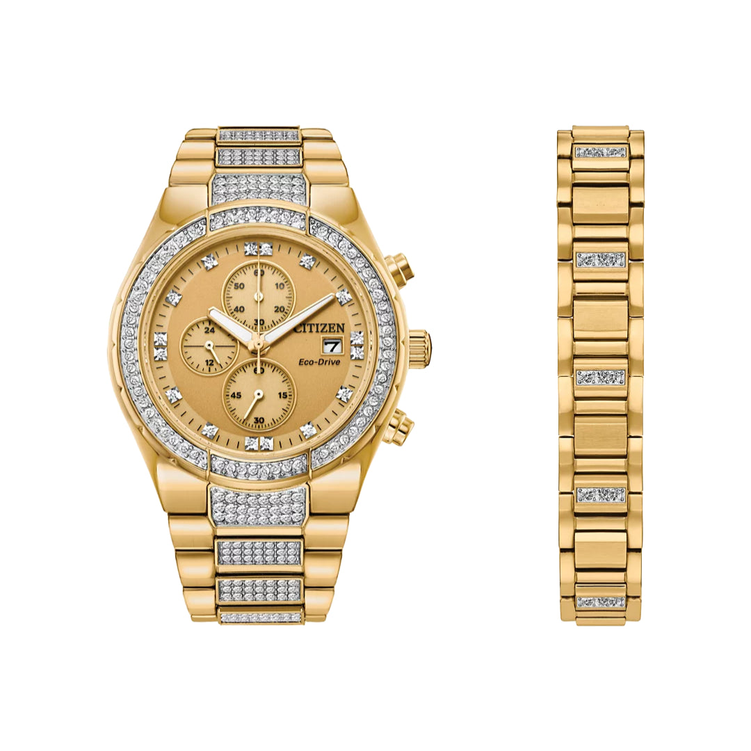 Citizen Eco-Drive Men's Chronograph Crystal Gold-Tone Stainless Steel Bracelet Watch 42mm Gift Set