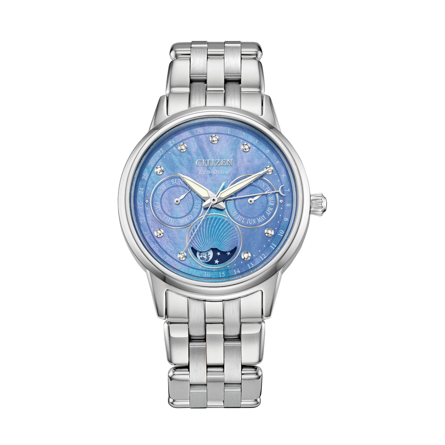 Reloj Citizen Calendrier Eco Drive de 37 mm para mujer, de acero inoxidable, con pulsera en tono plateado y esfera azul