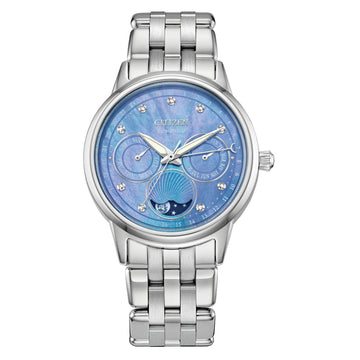 Reloj Citizen Calendrier Eco Drive de 37 mm para mujer, de acero inoxidable, con pulsera en tono plateado y esfera azul