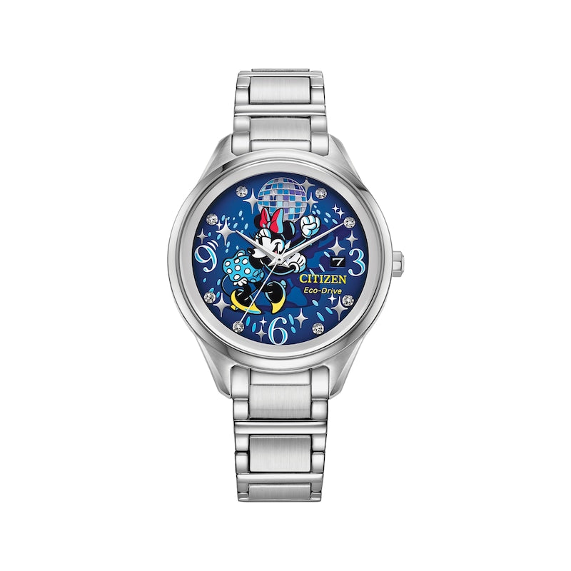 Reloj Citizen Dancing Minnie para mujer, con pulsera de acero inoxidable Eco Drive de 37 mm y esfera azul 