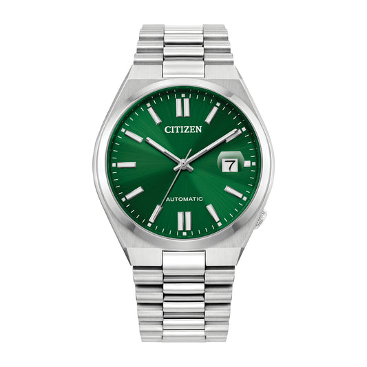 Reloj automático Citizen Tsuyosa para hombre, de 40 mm, con pulsera plateada y esfera verde