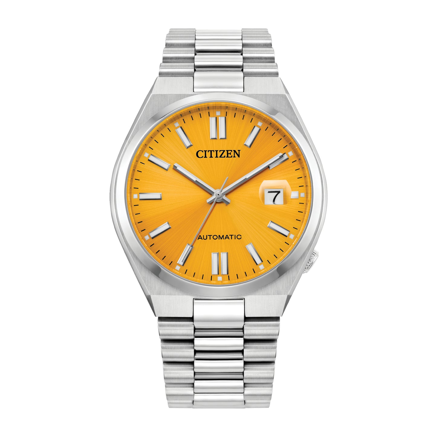 Reloj automático Citizen Tsuyosa para hombre, de 40 mm, con pulsera plateada y esfera amarilla