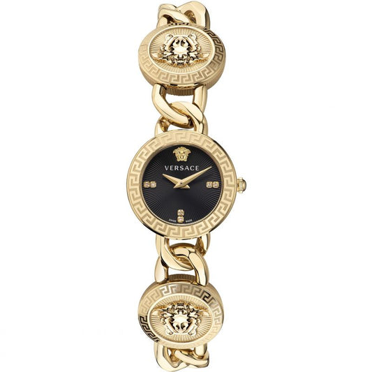 Reloj de pulsera con tachuelas Icon de 26 mm para mujer de Versace, esfera negra 
