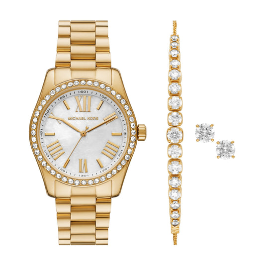 Micheal Kors Lexington Women's 38mm Quartz Gold Bracelet Watch, Bracelet and Stud Gift Set - White Dial