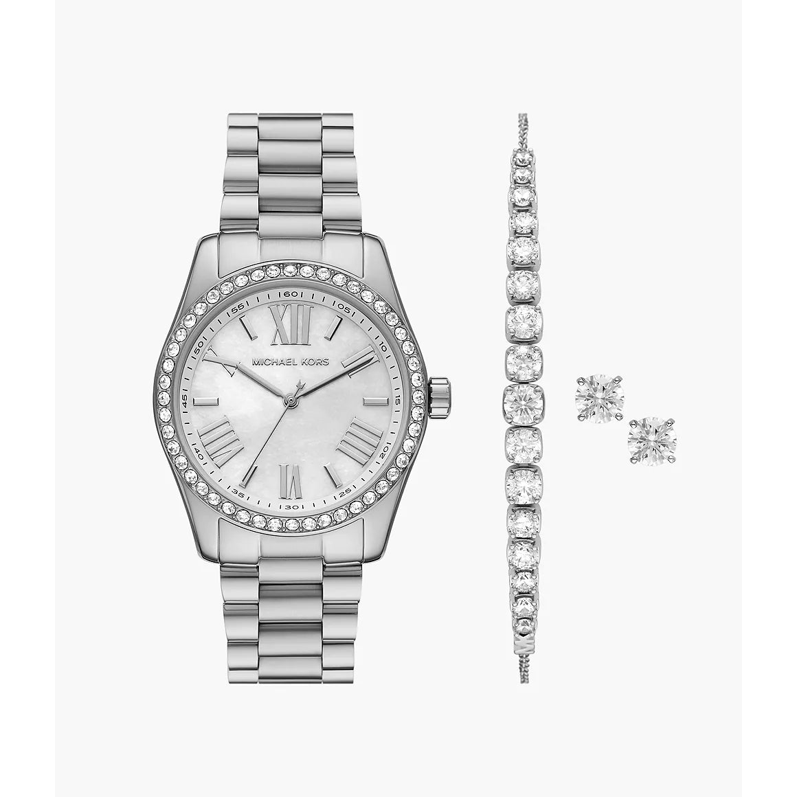 Reloj de pulsera de cuarzo plateado y juego de regalo para mujer Lexington de Micheal Kors (esfera blanca)