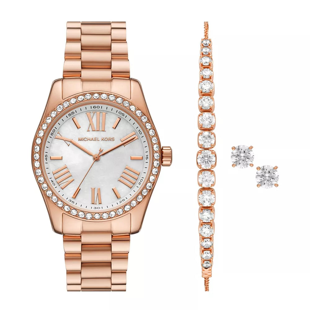 Micheal Kors Lexington Women's 38mm Quartz Rose Gold Bracelet Watch, Bracelet and Stud Gift Set - White Dial