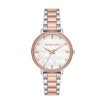 Reloj de cuarzo Pyper de Michael Kors para mujer, de acero inoxidable, de 38 mm, con pulsera de oro rosa en dos tonos y esfera blanca