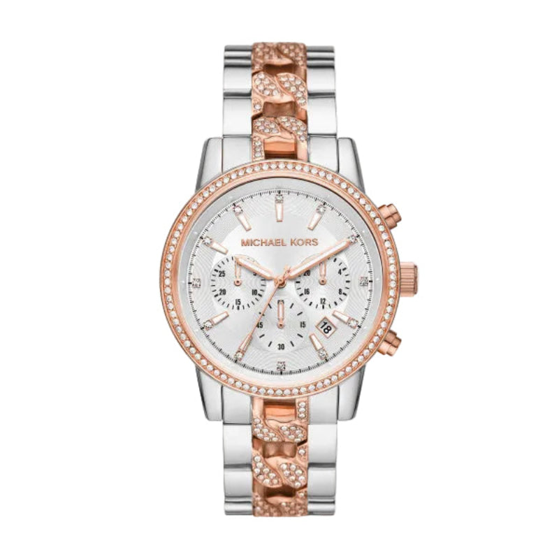 Michael Kors Ritz Women's 41mm Quartz Stainless Steel Two Tone (Rose Gold & Silver) Bracelet Watch - White Dial - Curacao