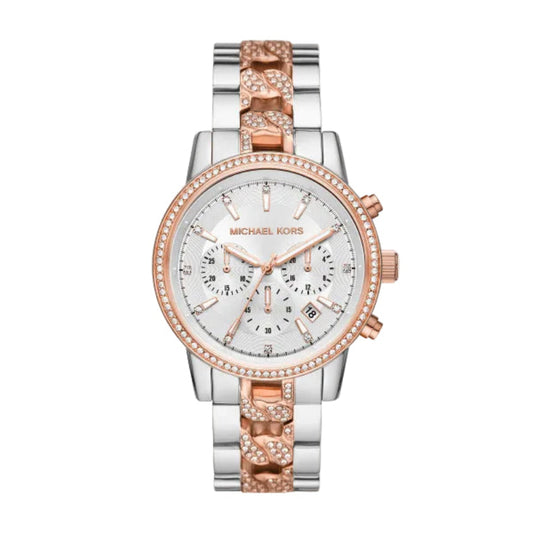 Michael Kors Ritz Women's 41mm Quartz Stainless Steel Two Tone (Rose Gold & Silver) Bracelet Watch - White Dial - Curacao
