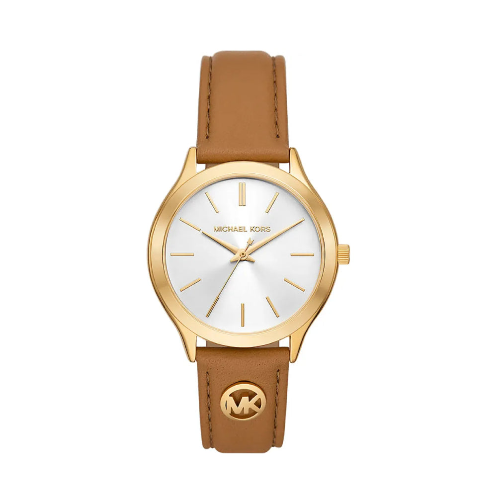 Reloj Michael Kors Slim Runway para mujer, correa marrón de 38 mm y esfera blanca