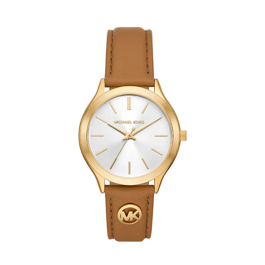 Reloj Michael Kors Slim Runway para mujer, correa marrón de 38 mm y esfera blanca