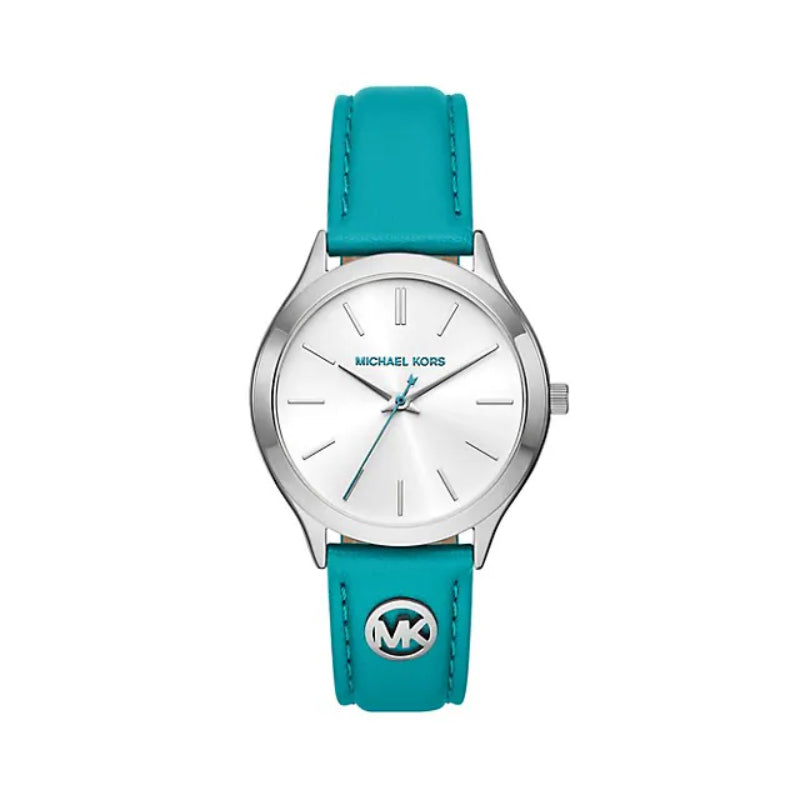 Reloj Michael Kors Slim Runway para mujer, correa azul de 38 mm y esfera blanca