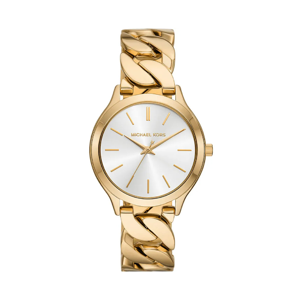 Reloj Michael Kors Slim Runway para mujer, de 38 mm, con pulsera de eslabones curvos en oro y esfera blanca