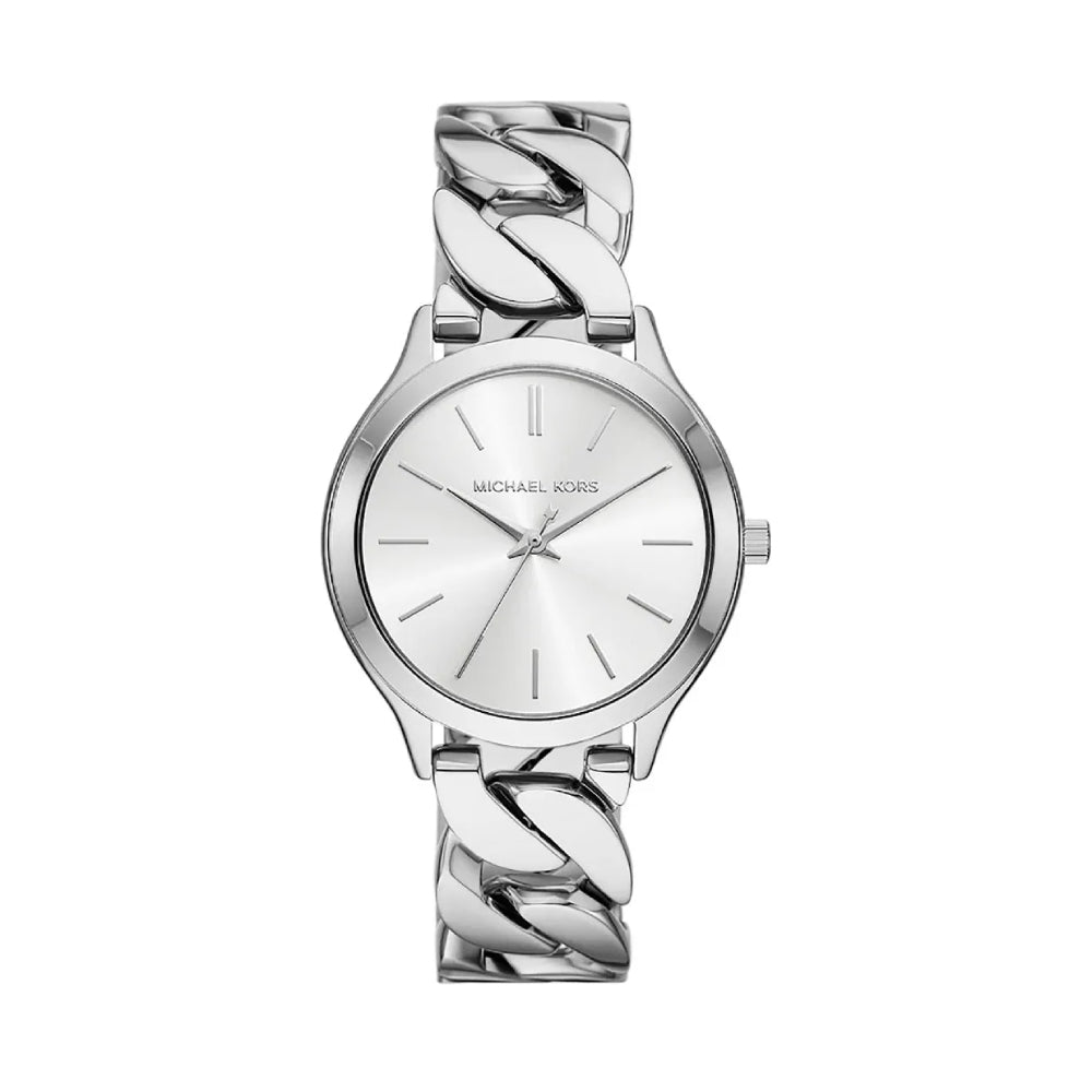 Reloj Michael Kors Slim Runway para mujer, de 38 mm, con pulsera de eslabones curvos en plata y esfera blanca