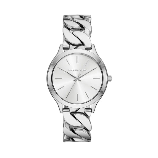 Reloj Michael Kors Slim Runway para mujer, de 38 mm, con pulsera de eslabones curvos en plata y esfera blanca