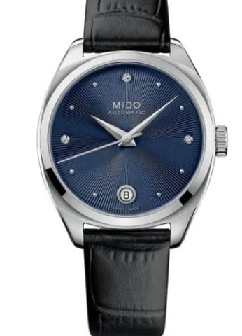 Mido Belluna Women's Black Leather Strap Watch - Blue Dial