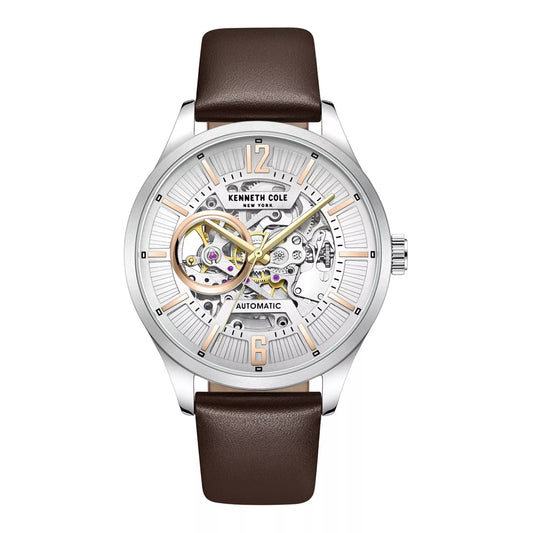 Reloj de cuarzo automático Kenneth Cole para hombre, correa marrón, 42 mm, esfera plateada