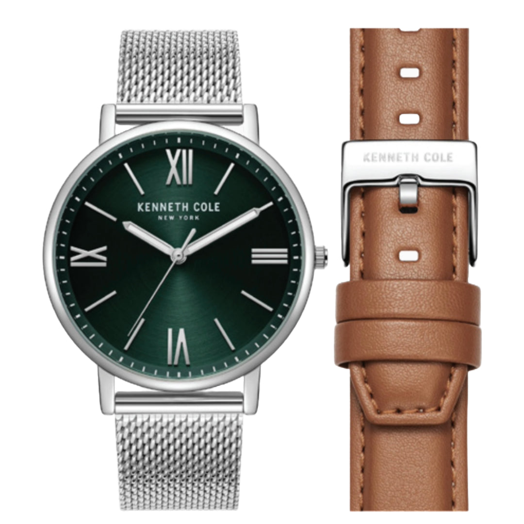 Reloj de acero inoxidable y cuero Kenneth Cole Green Classic de 43 mm, juego de regalo