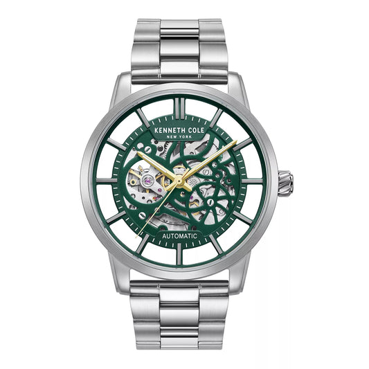 Reloj automático de cuarzo con pulsera plateada de 44 mm para hombre de Kenneth Cole, esfera verde