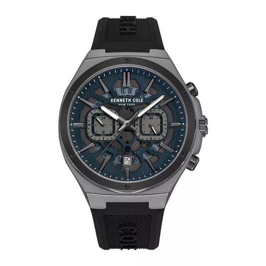 Reloj de cuarzo Kenneth Cole para hombre, correa negra, 43 mm, esfera azul