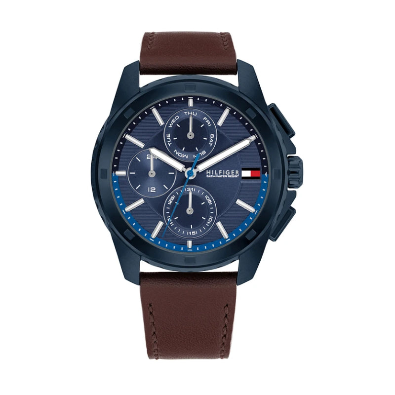 Reloj Tommy Hilfiger para hombre con correa marrón de 44 mm y esfera azul