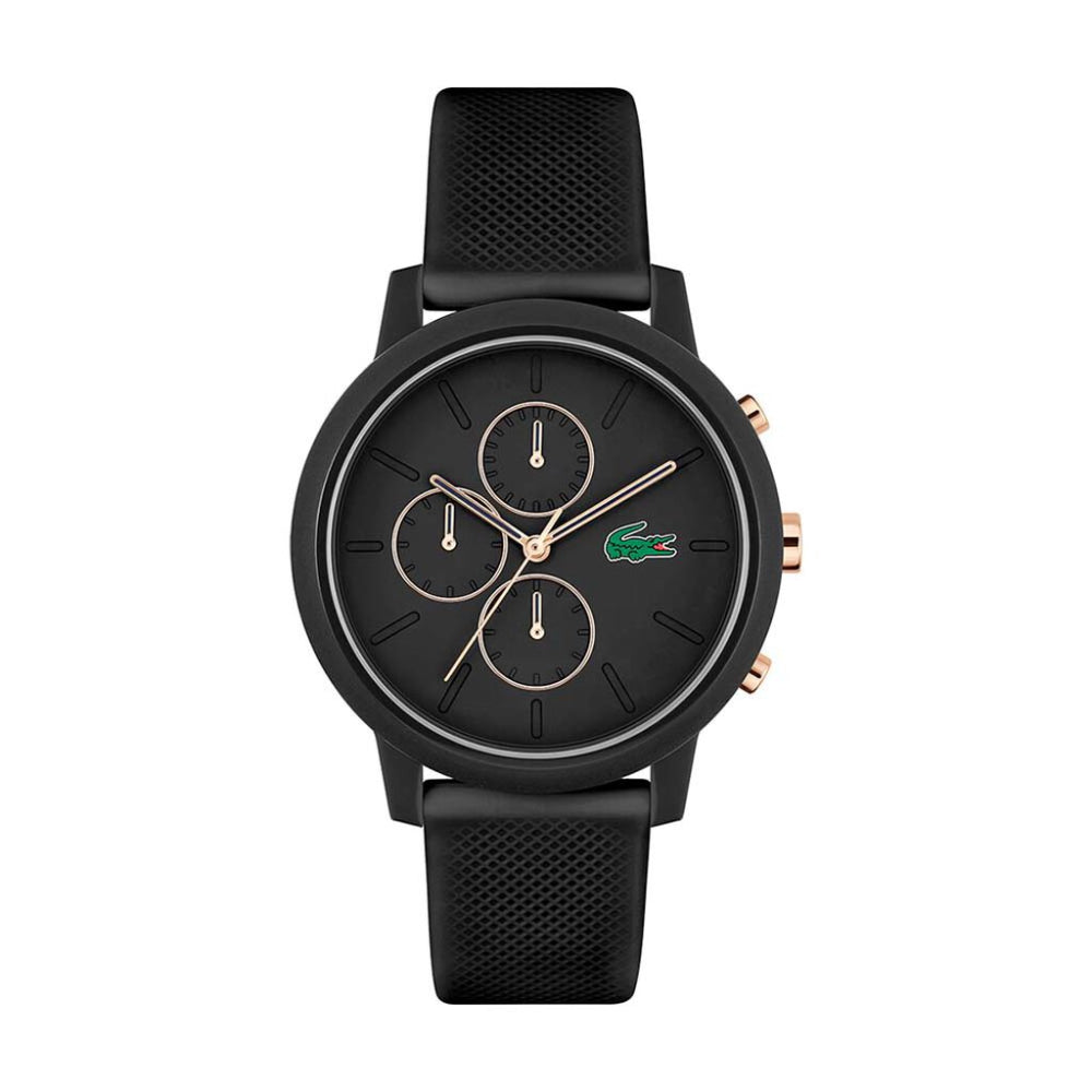 Reloj Lacoste 12.12 Chrono para hombre, correa de cuarzo de 43 mm, silicona negra