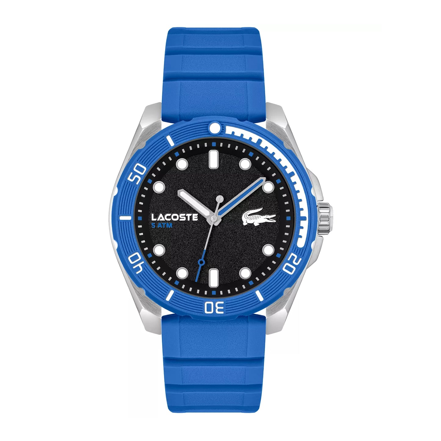 Reloj Lacoste Finn para hombre, correa azul de 44 mm y tres manecillas, esfera negra