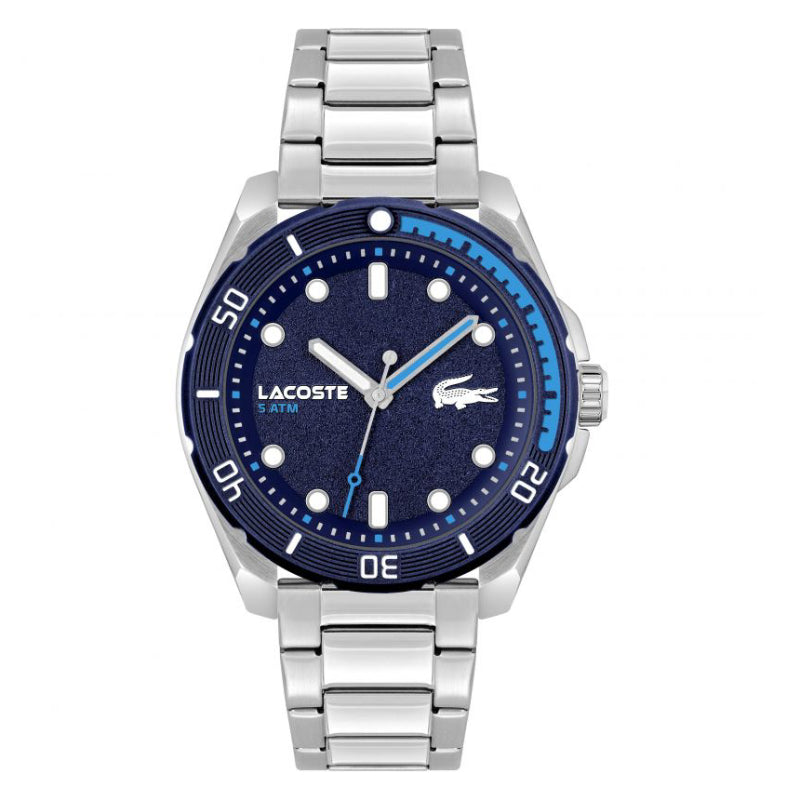 Reloj Lacoste Finn para hombre, de 44 mm, con pulsera plateada y esfera azul