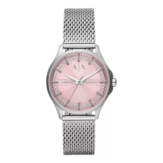 Reloj Armani Exchange para mujer con correa plateada de 36 mm y tres manecillas, esfera rosa