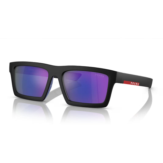 Gafas de sol rectangulares con efecto espejo PS02ZS de Prada Linea Rossa para hombre: negro mate/azul oscuro con efecto espejo violeta