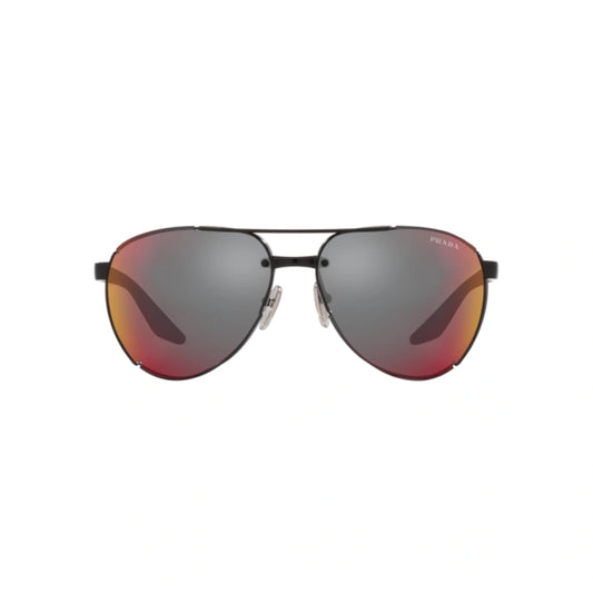 Gafas de sol estilo piloto para hombre Prada Linea Rossa, en gris oscuro con efecto espejo azul/rojo
