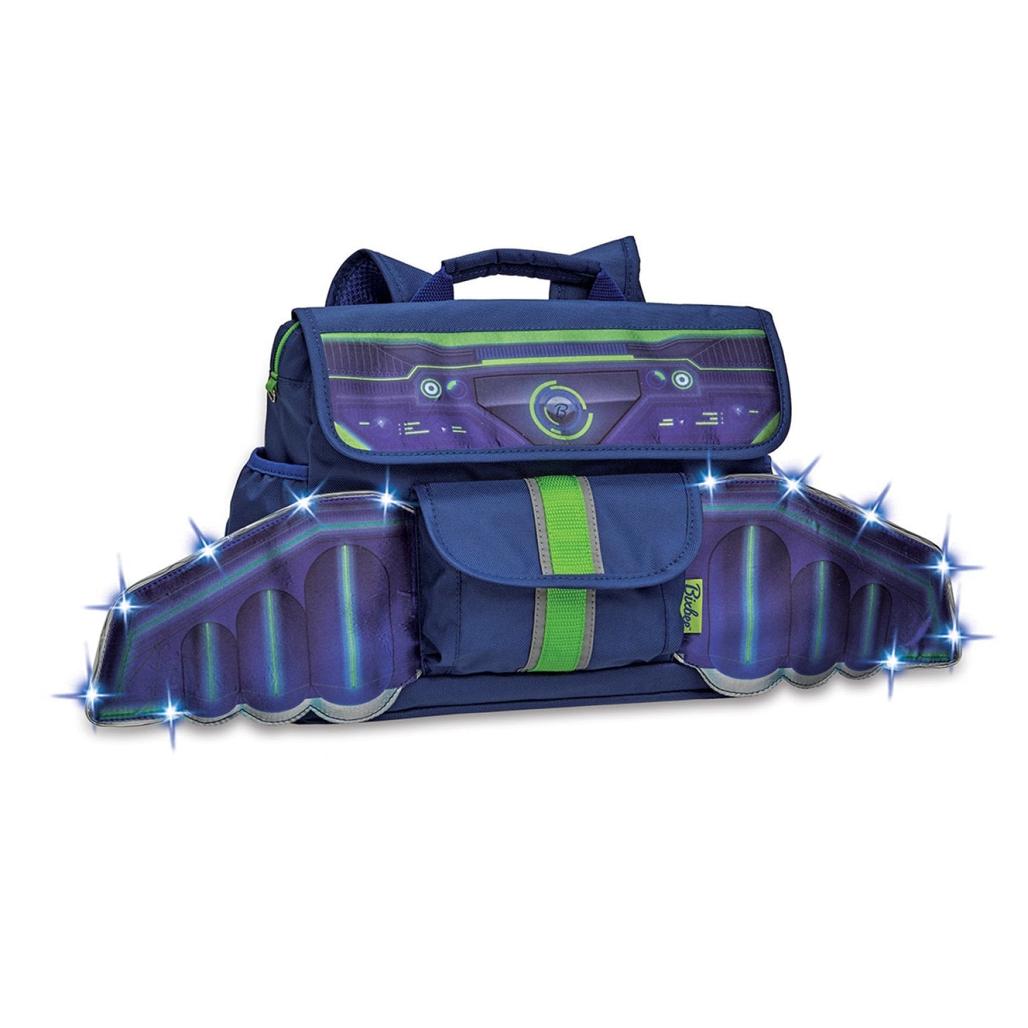 Mochila pequeña Bixbee Space Racer de 12" con luces LED en poliéster, color azul