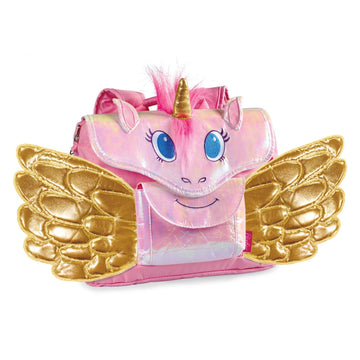 Mochila pequeña Bixbee de 12" con diseño de unicornio y alas doradas en poliéster, color rosa