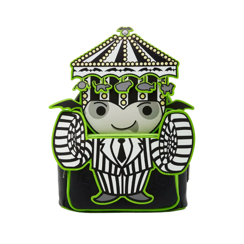 Mochila pequeña que brilla en la oscuridad con diseño de carrusel Chibi Beetlejuice de Loungefly