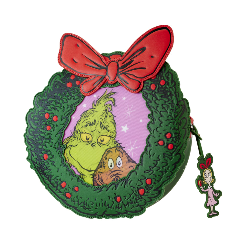 Bolso bandolera con corona de flores de la colección Dr. Seuss' How the Grinch Stole Christmas! de Loungefly